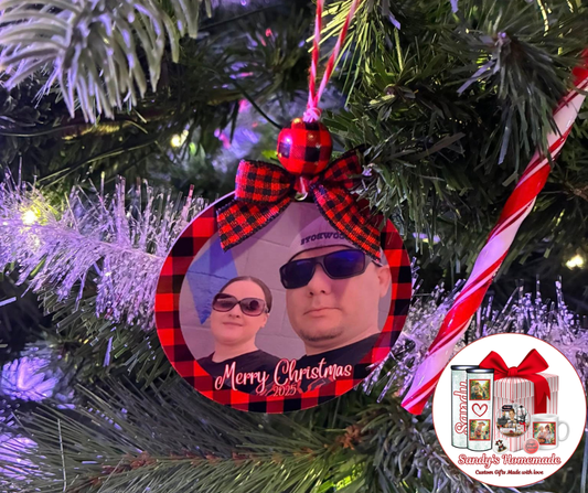 Custom photo ornament with any text (red plaid)