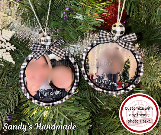 - Custom metal christmas ornament - Any photo and text - Black and white plaid -