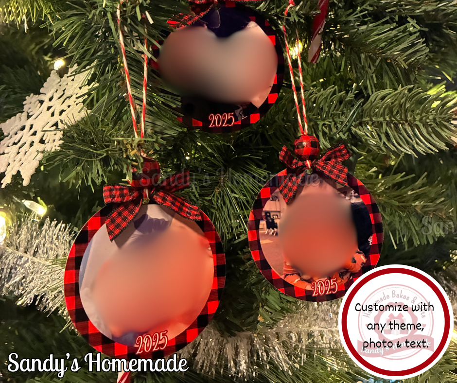 - Custom Christmas Ornament - Red plaid - Any photo and text -
