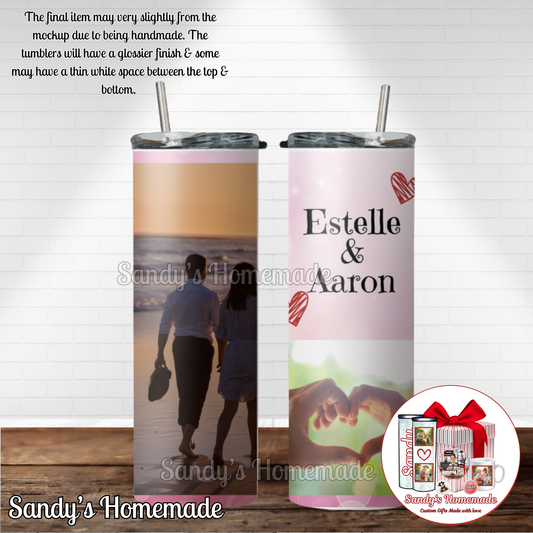 Custom photo tumbler with 2 photos, text and hearts - Perfect for Valentine's Day!