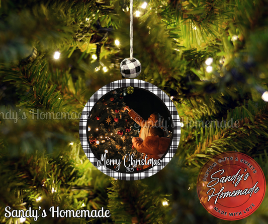 Custom photo ornament with any text (Black & White Plaid)