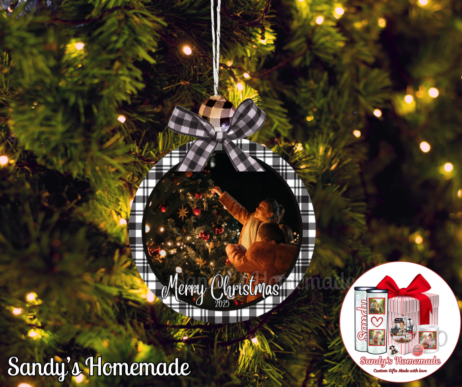 Custom photo ornament with any text (Black & White Plaid)