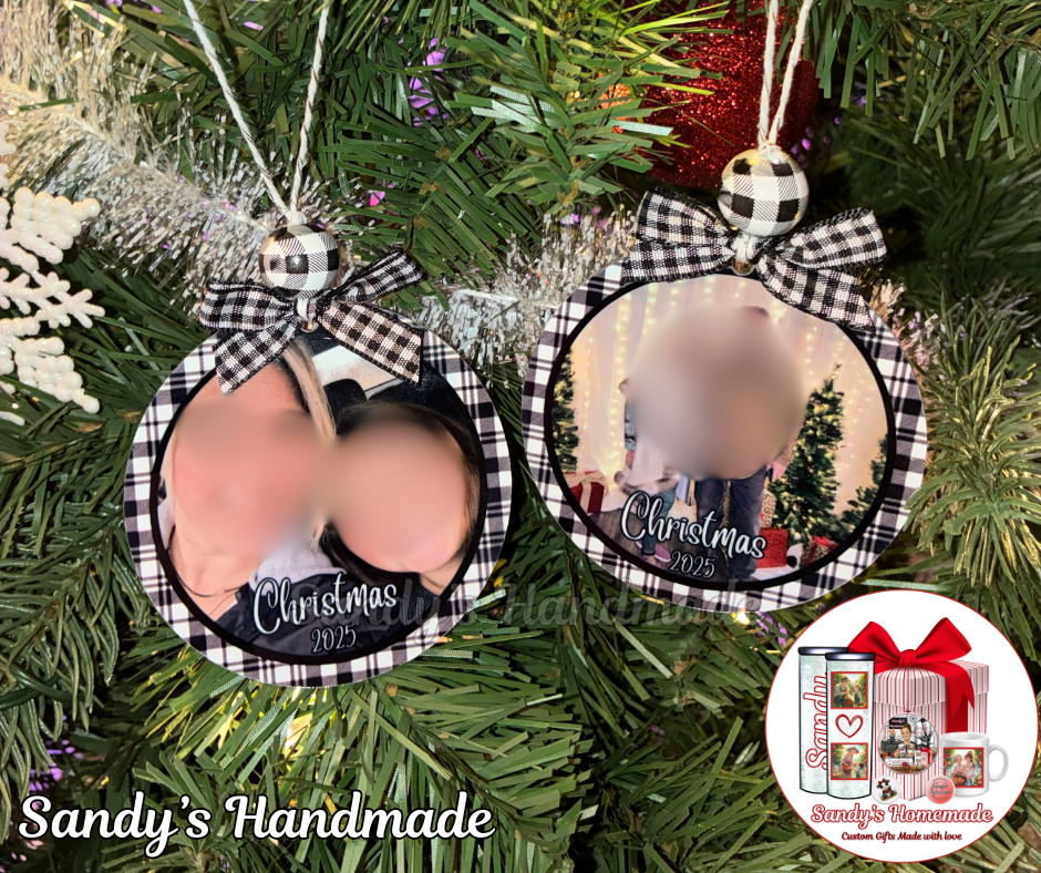 Custom photo ornament with any text (Black & White Plaid)