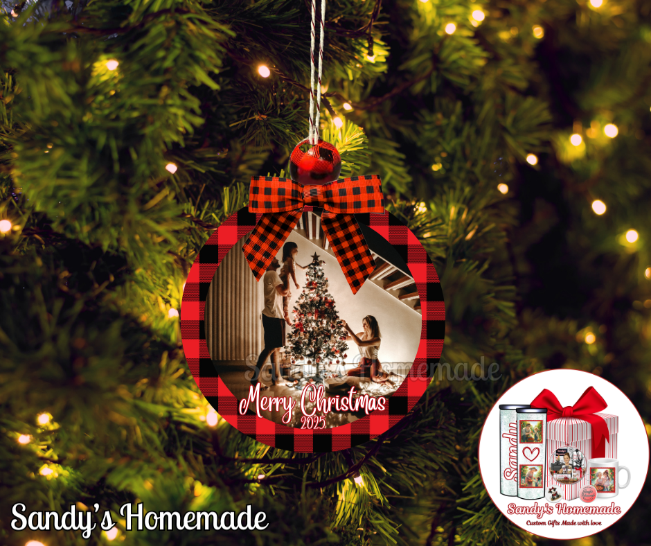 Custom photo ornament with any text (red plaid)