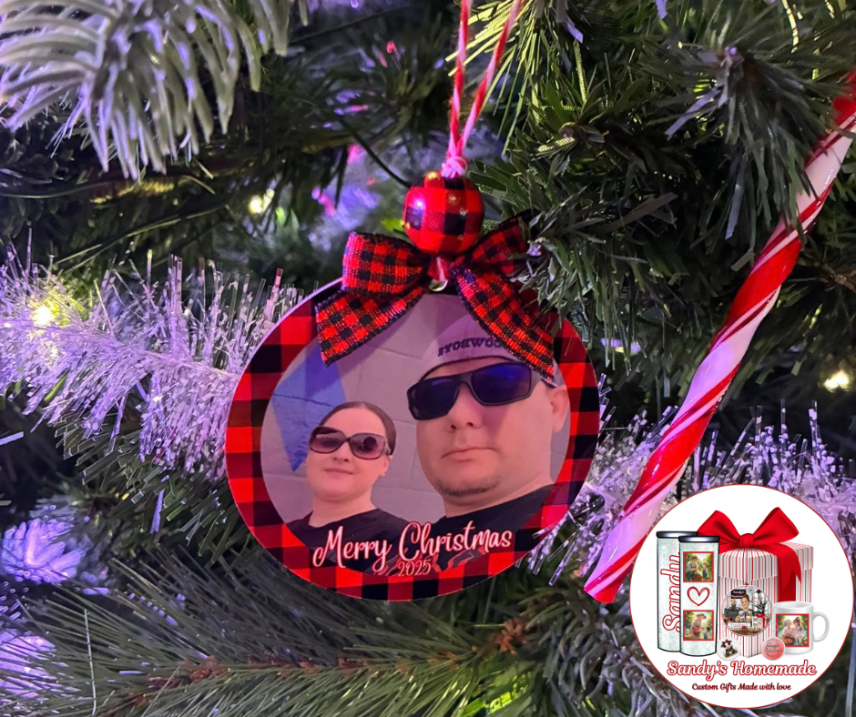 Custom photo ornament with any text (red plaid)