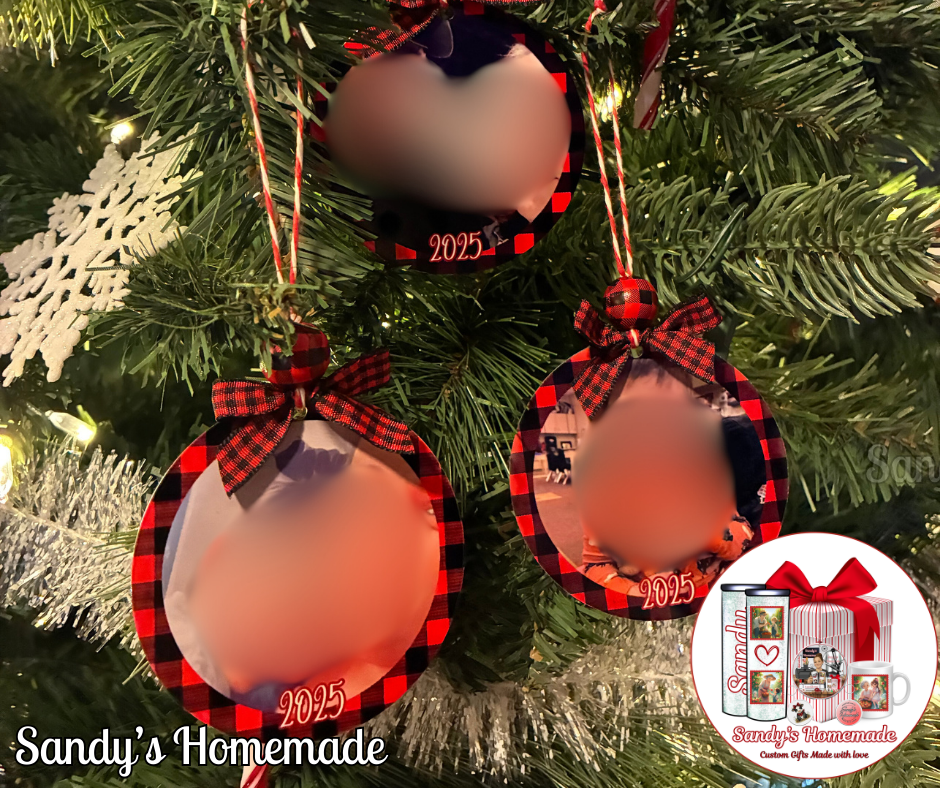 Custom photo ornament with any text (red plaid)