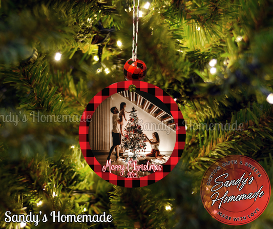 Custom photo ornament with any text (red plaid)