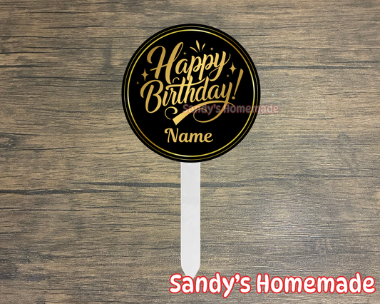 Personalized Happy Birthday Cake Topper - Black & Gold