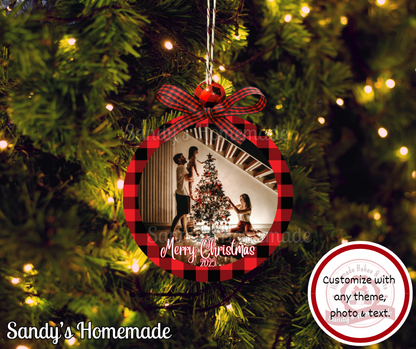 - Custom Christmas Ornament - Red plaid - Any photo and text -
