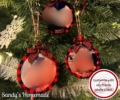 - Custom Christmas Ornament - Red plaid - Any photo and text -