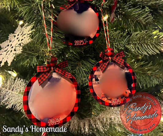 Custom photo ornament with any text (red plaid)