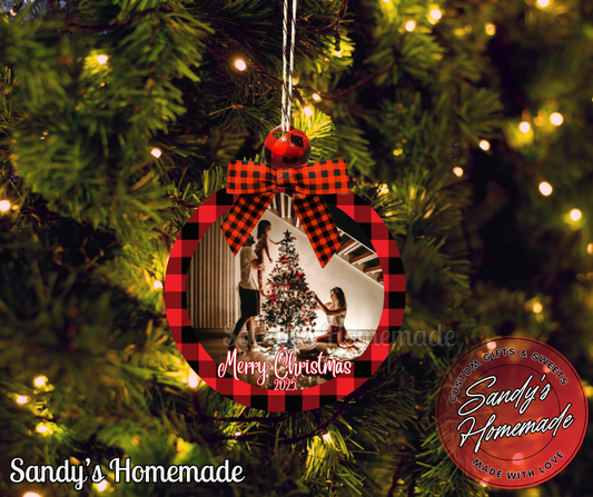 Custom photo ornament with any text (red plaid)