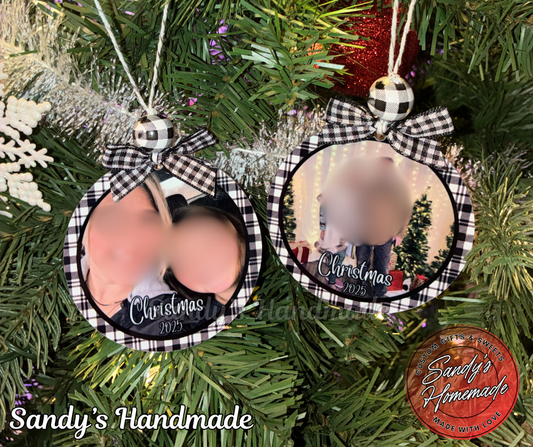 Custom photo ornament with any text (Black & White Plaid)